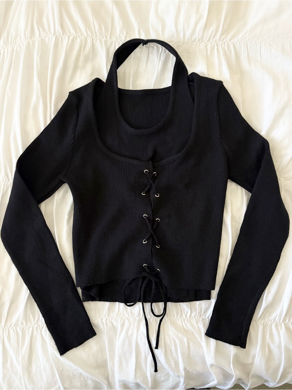 Black Lace-Up Ribbed Long Sleeve Halter Top
